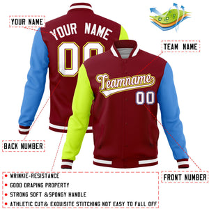 Custom Crimson Powder Blue-Neon Green Raglan Sleeves Varsity Full-Snap Letterman Jacket