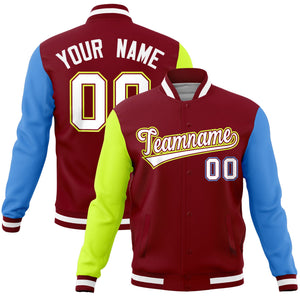 Custom Crimson Powder Blue-Neon Green Raglan Sleeves Varsity Full-Snap Letterman Jacket