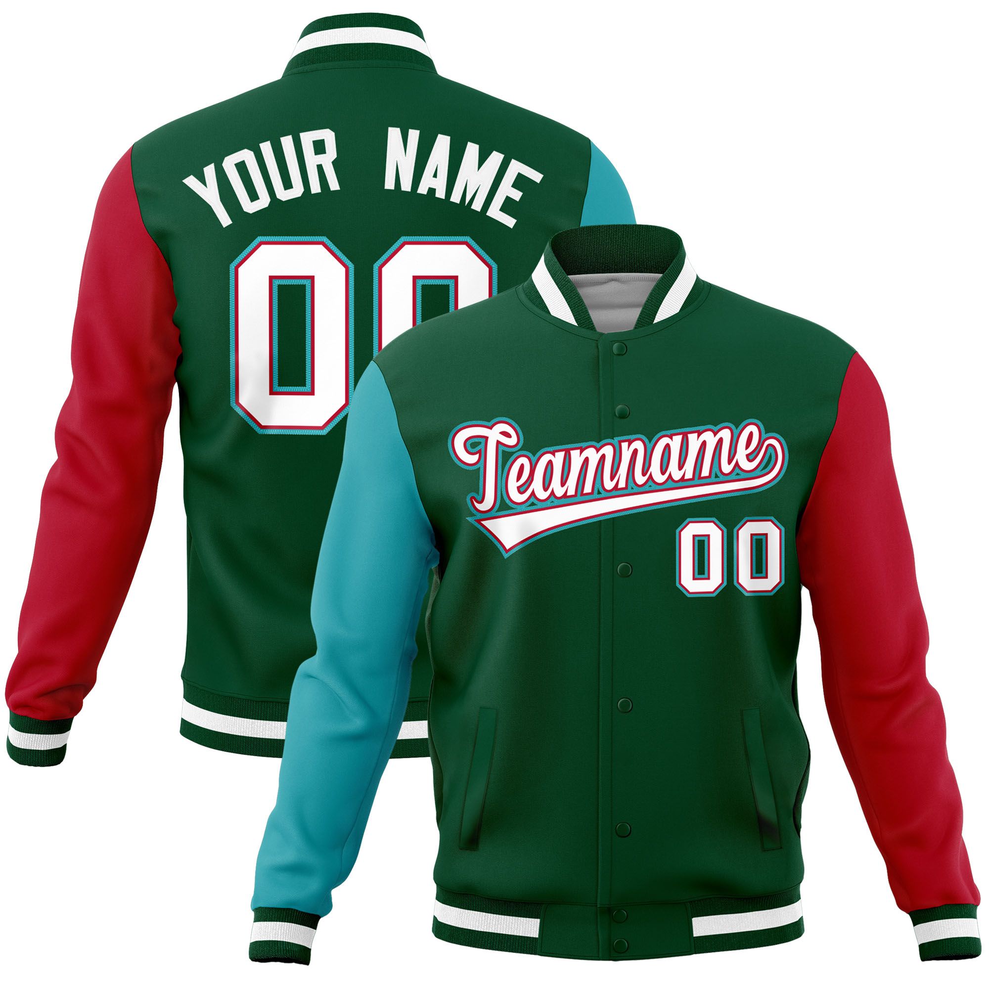 Custom Green Red-Aqua Raglan Sleeves Varsity Full-Snap Letterman Jacket