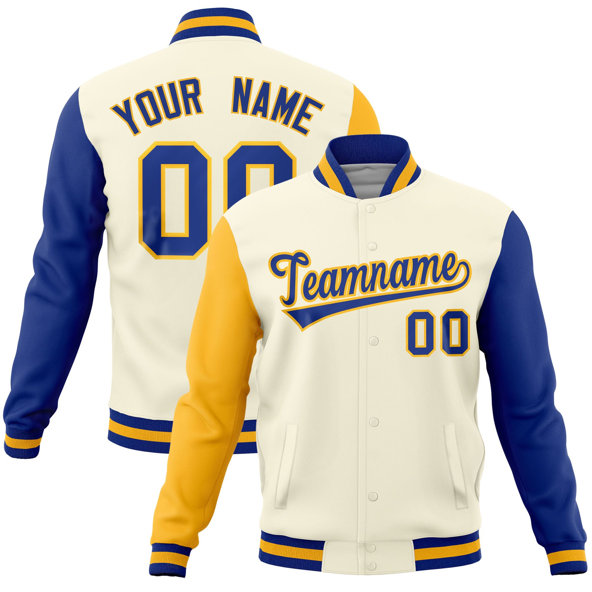 Custom Cream Royal-Gold Raglan Sleeves Varsity Full-Snap Letterman Jacket