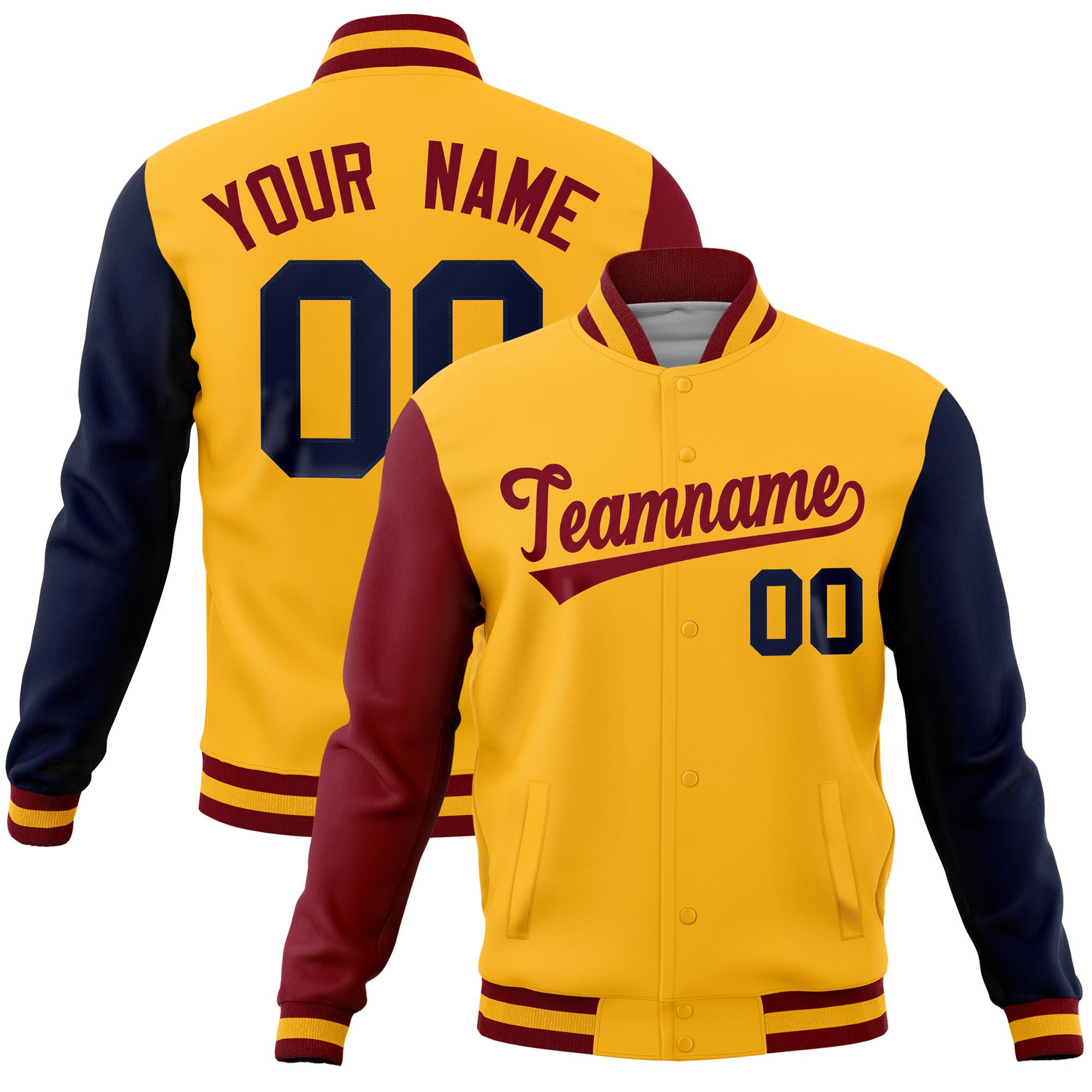 Custom Gold Navy-Crimson Raglan Sleeves Varsity Full-Snap Letterman Jacket