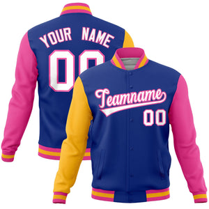 Custom Royal Pink-Gold Raglan Sleeves Varsity Full-Snap Letterman Jacket