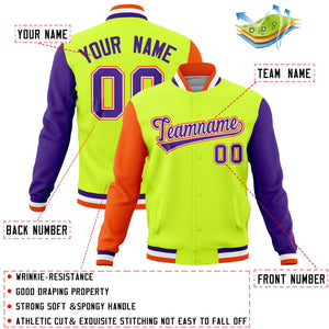 Custom Neon Green Purple-Orange Raglan Sleeves Varsity Full-Snap Letterman Jacket