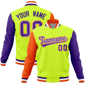 Custom Neon Green Purple-Orange Raglan Sleeves Varsity Full-Snap Letterman Jacket