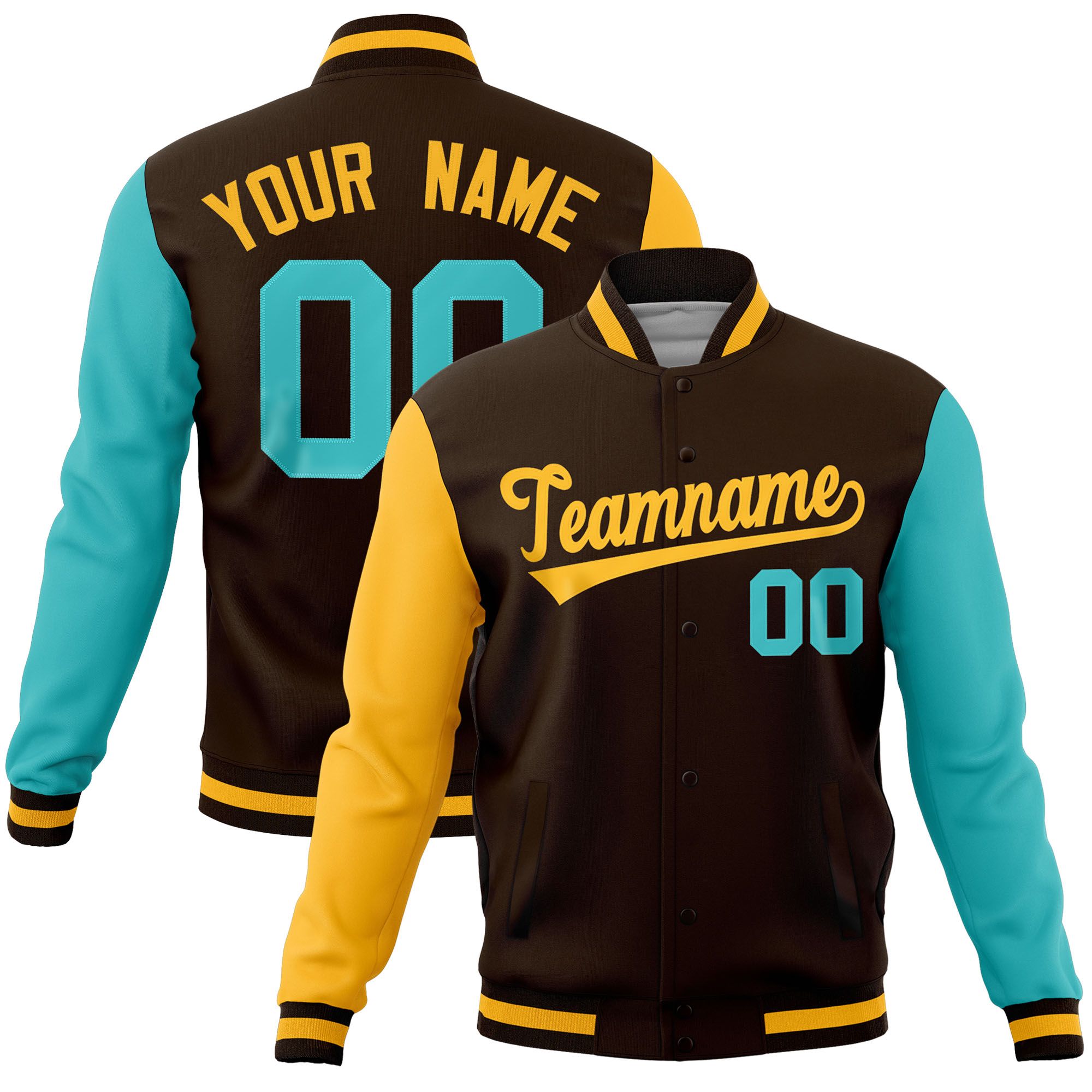 Custom Brown Bright Green-Gold Raglan Sleeves Varsity Full-Snap Letterman Jacket