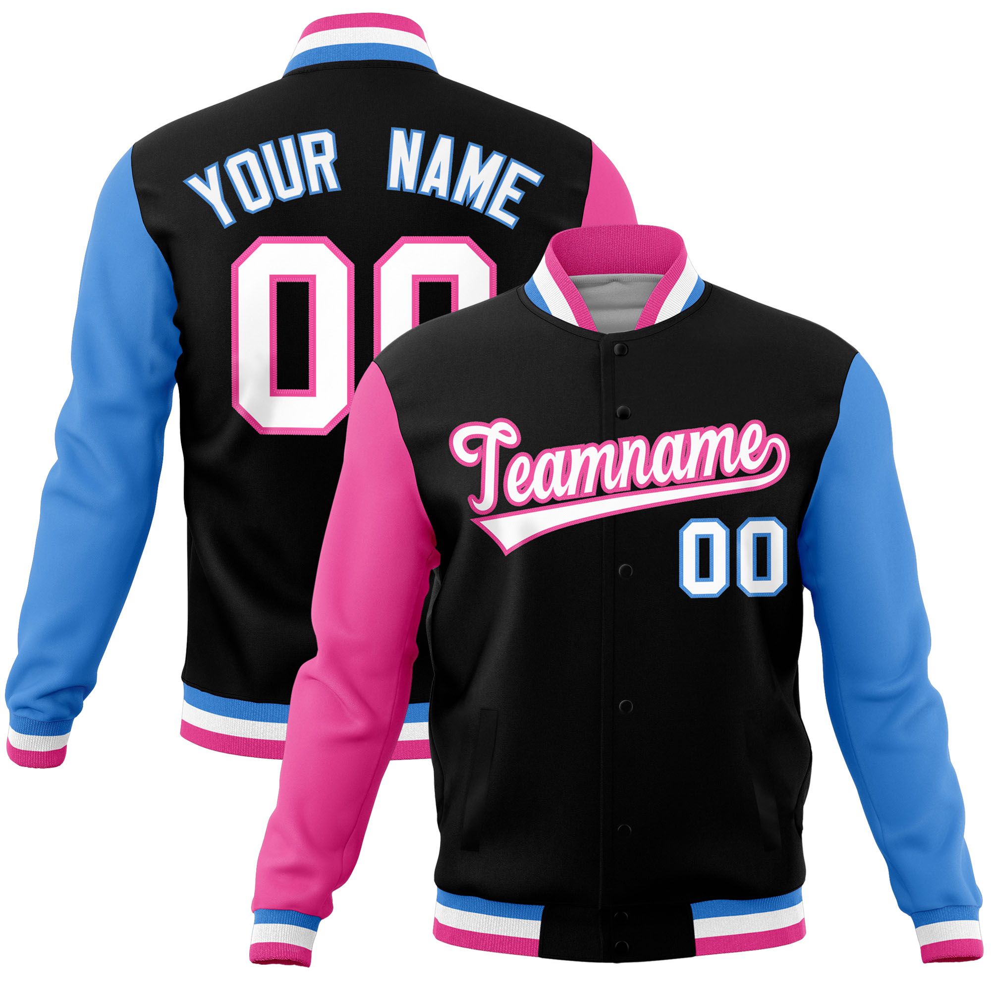 Custom Black Powder Blue-Pink Raglan Sleeves Varsity Full-Snap Letterman Jacket