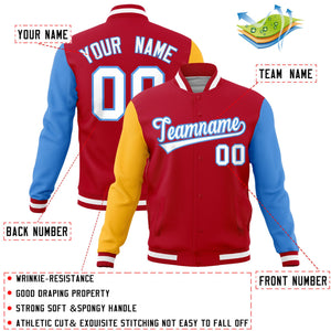 Custom Red Powder Blue-Gold Raglan Sleeves Varsity Full-Snap Letterman Jacket