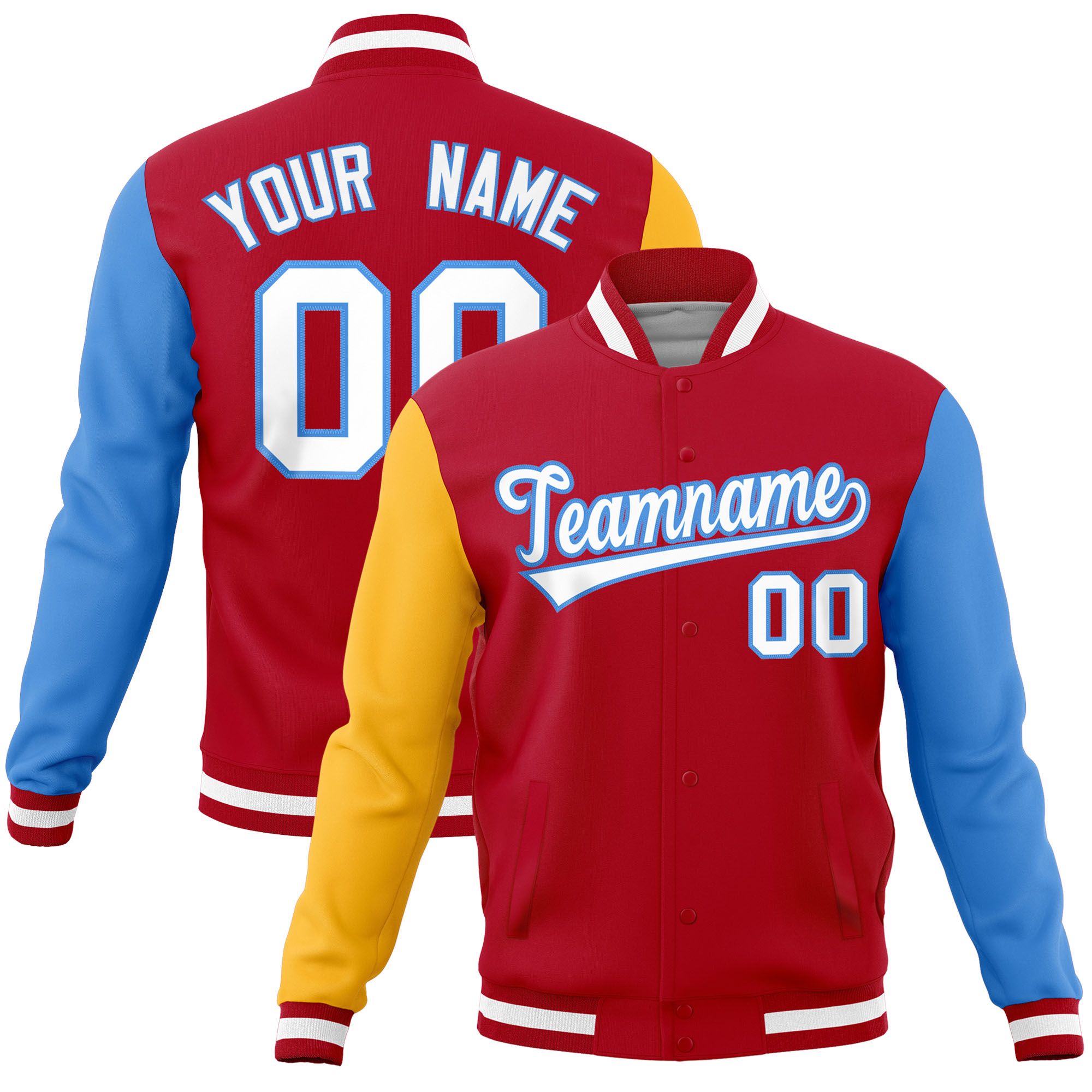 Custom Red Powder Blue-Gold Raglan Sleeves Varsity Full-Snap Letterman Jacket