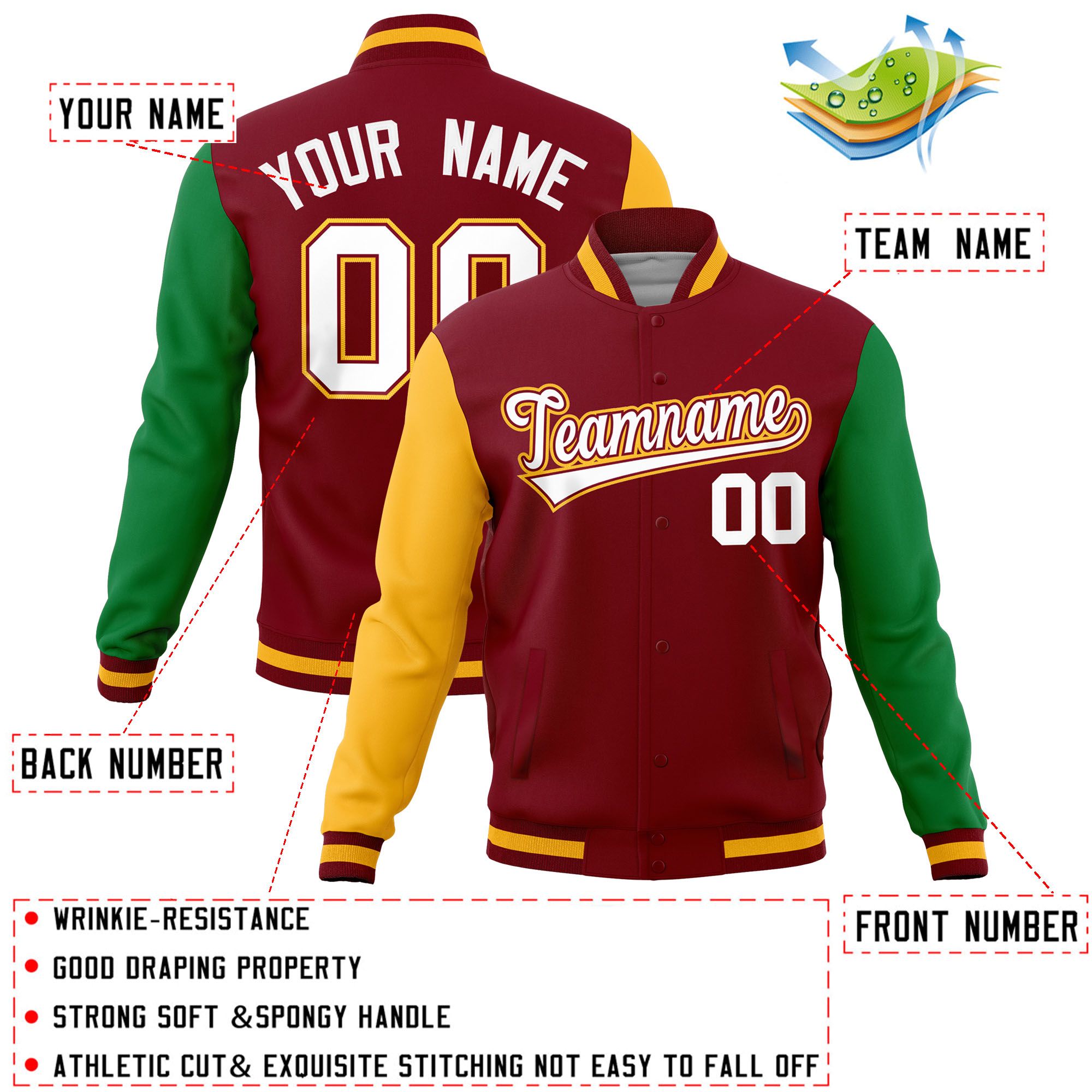 Custom Crimson Kelly Green-Gold Raglan Sleeves Varsity Full-Snap Letterman Jacket