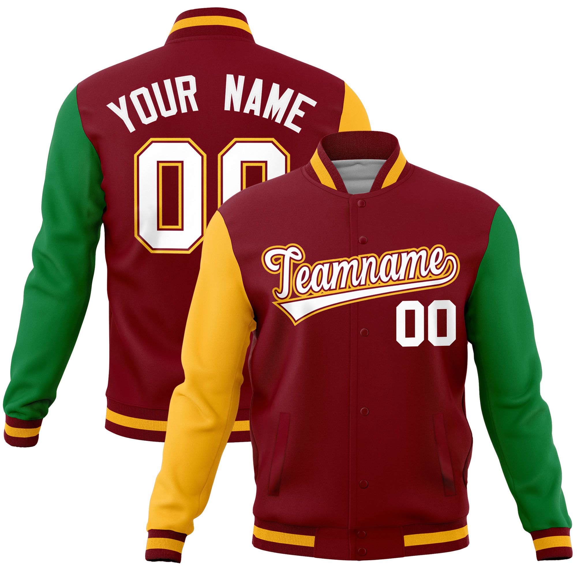 Custom Crimson Kelly Green-Gold Raglan Sleeves Varsity Full-Snap Letterman Jacket