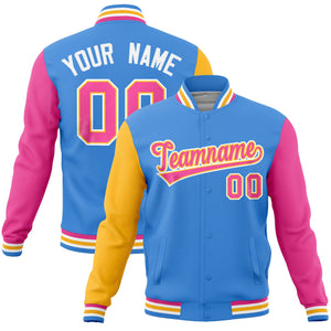 Custom Powder Blue Pink-Gold Raglan Sleeves Varsity Full-Snap Letterman Jacket