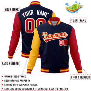 Custom Navy Red-Gold Raglan Sleeves Varsity Full-Snap Letterman Jacket