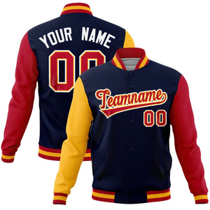 Custom Navy Red-Gold Raglan Sleeves Varsity Full-Snap Letterman Jacket