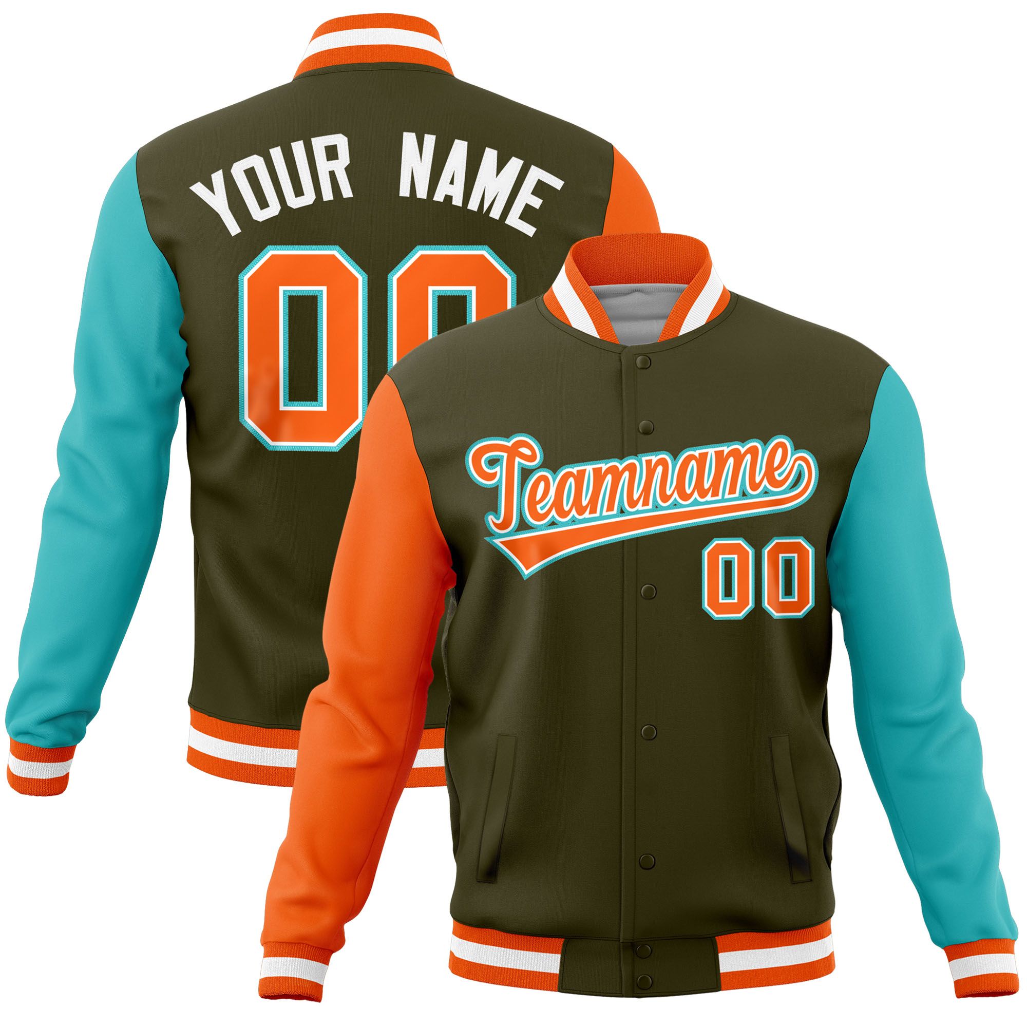 Custom Olive Bright Green-Orange Raglan Sleeves Varsity Full-Snap Letterman Jacket