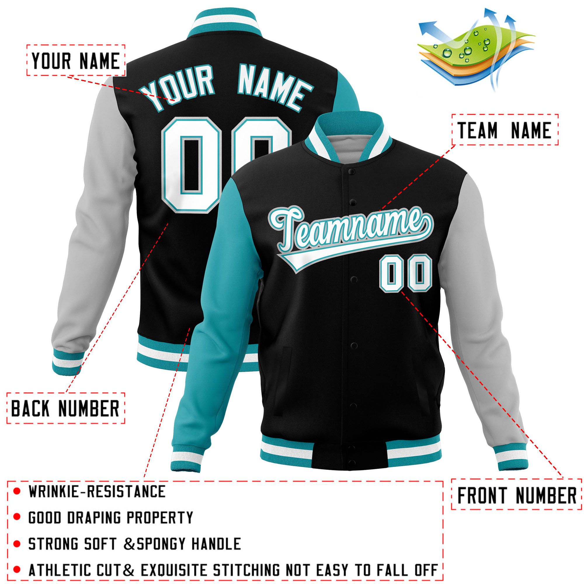 Custom Black Gray-Aqua Raglan Sleeves Varsity Full-Snap Letterman Jacket