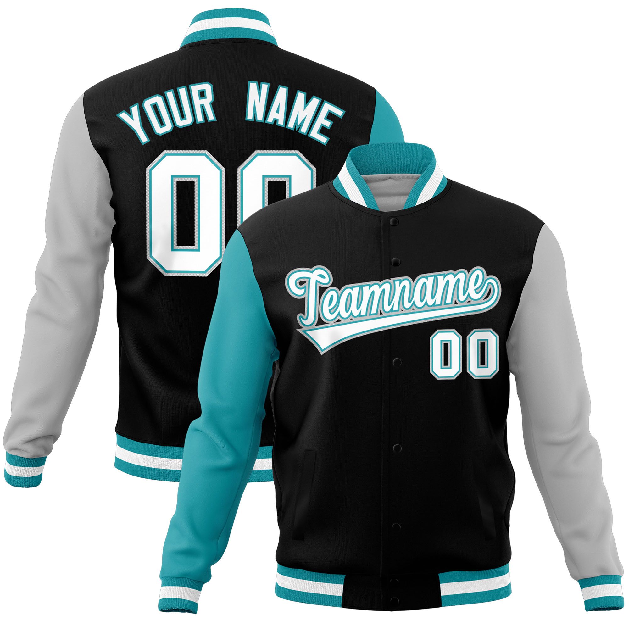 Custom Black Gray-Aqua Raglan Sleeves Varsity Full-Snap Letterman Jacket