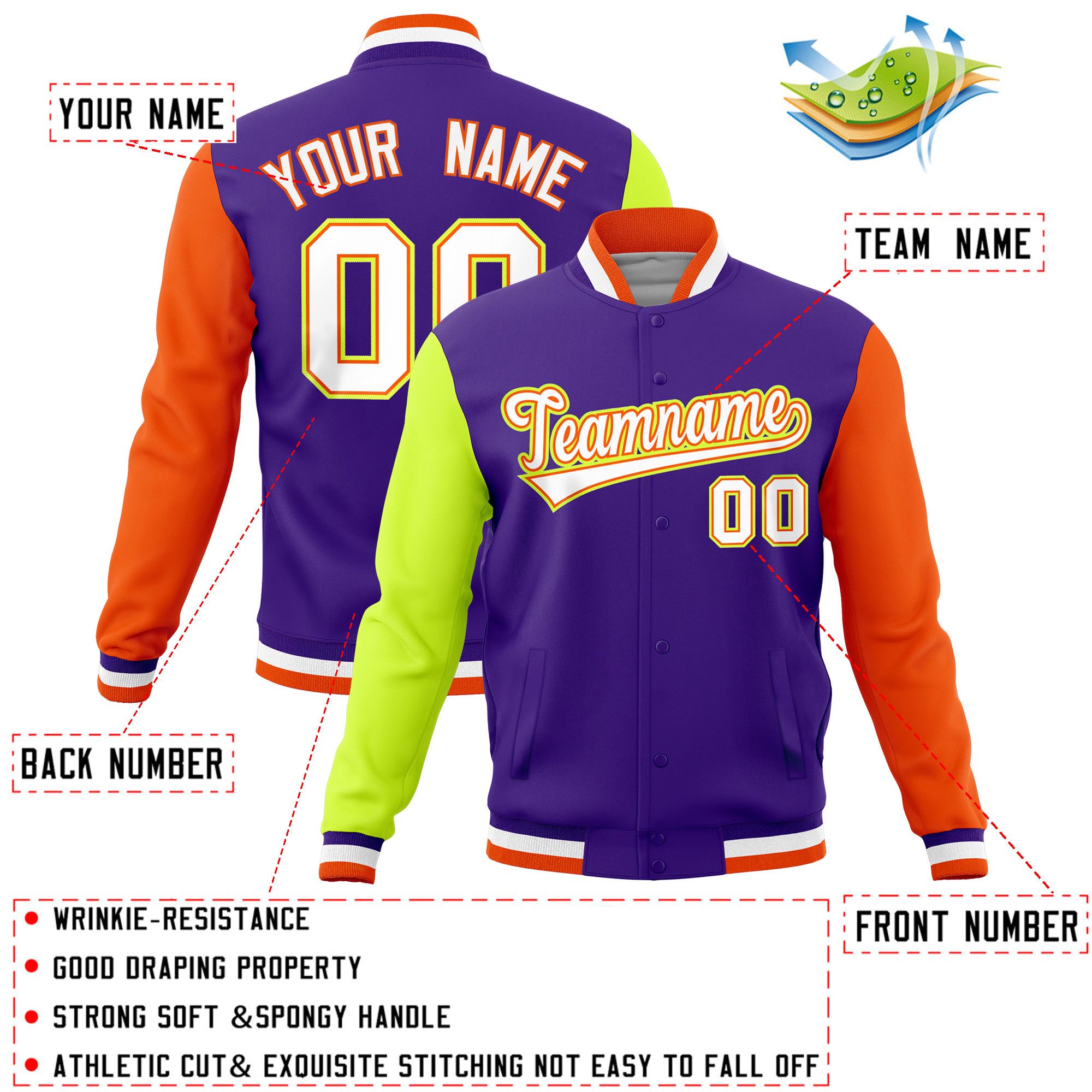 Custom Purple Orange-Neon Green Raglan Sleeves Varsity Full-Snap Letterman Jacket