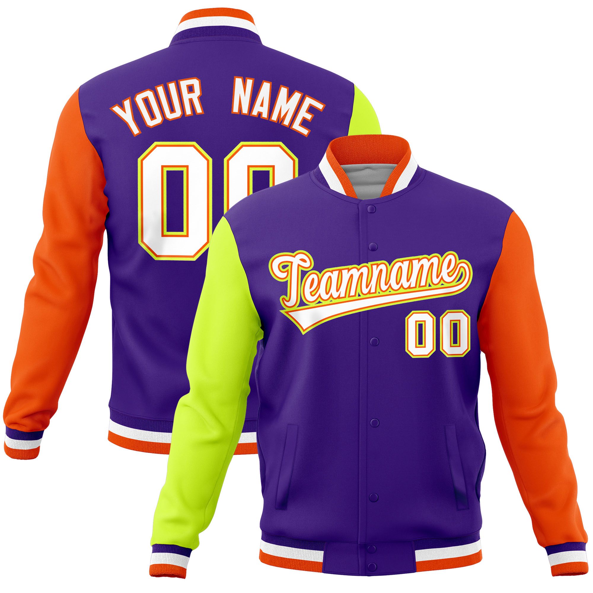 Custom Purple Orange-Neon Green Raglan Sleeves Varsity Full-Snap Letterman Jacket