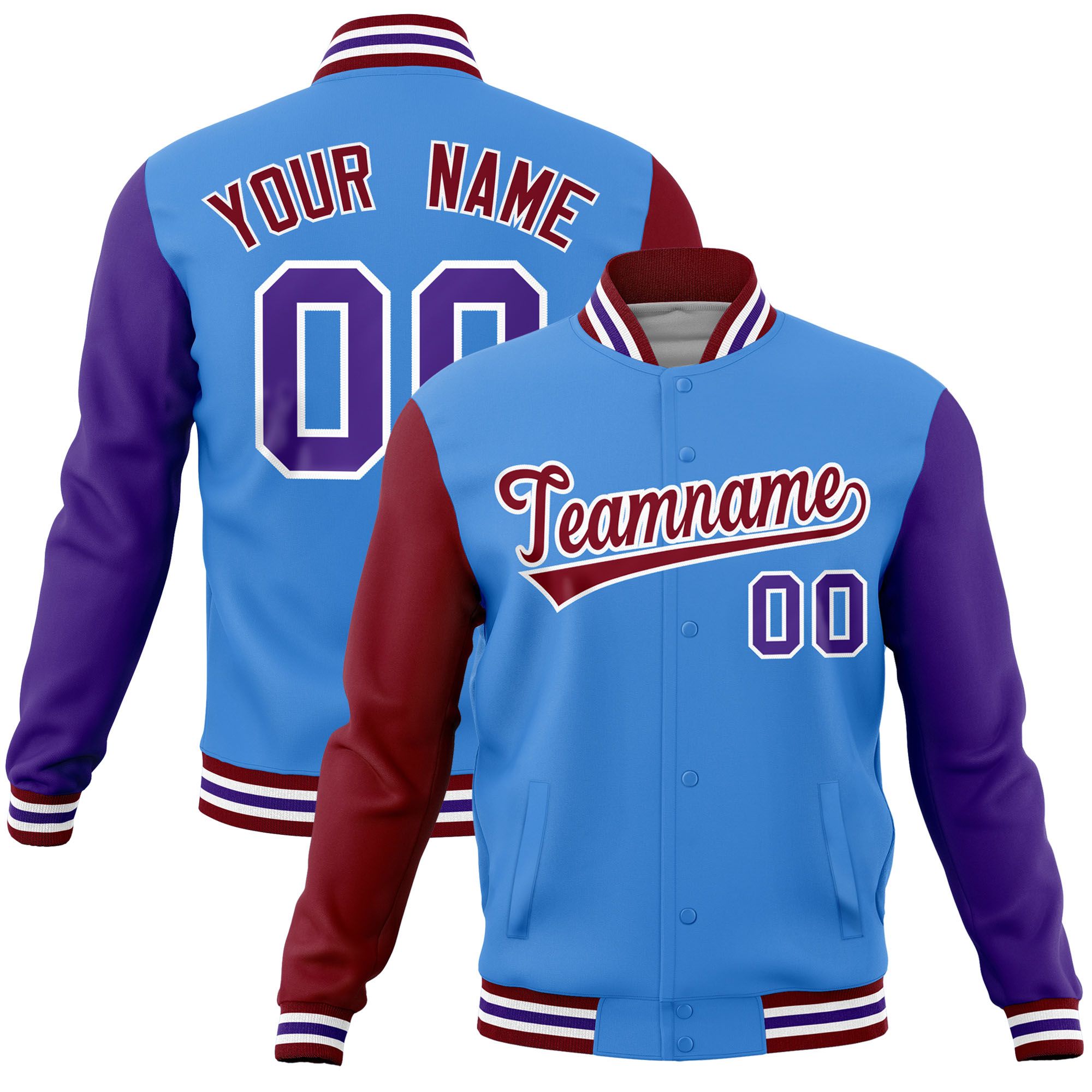 Custom Powder Blue Purple-Crimson Raglan Sleeves Varsity Full-Snap Letterman Jacket