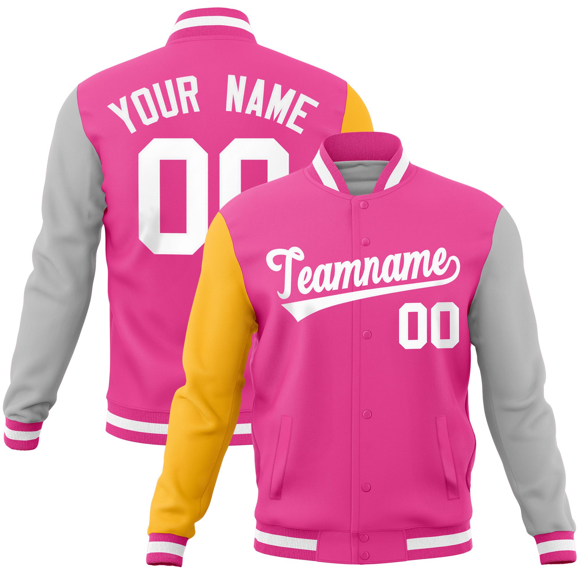 Custom Pink Gray-Gold Raglan Sleeves Varsity Full-Snap Letterman Jacket