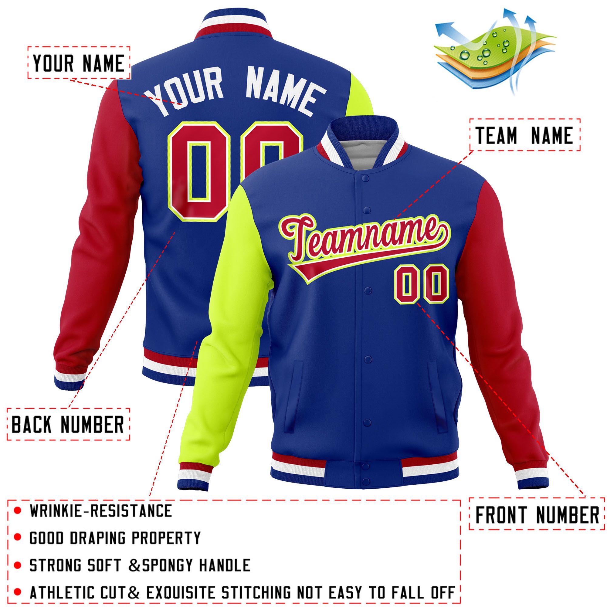 Custom Royal Red-Neon Green Raglan Sleeves Varsity Full-Snap Letterman Jacket