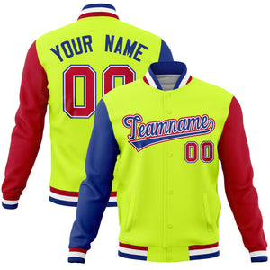 Custom Neon Green Red-Royal Raglan Sleeves Varsity Full-Snap Letterman Jacket