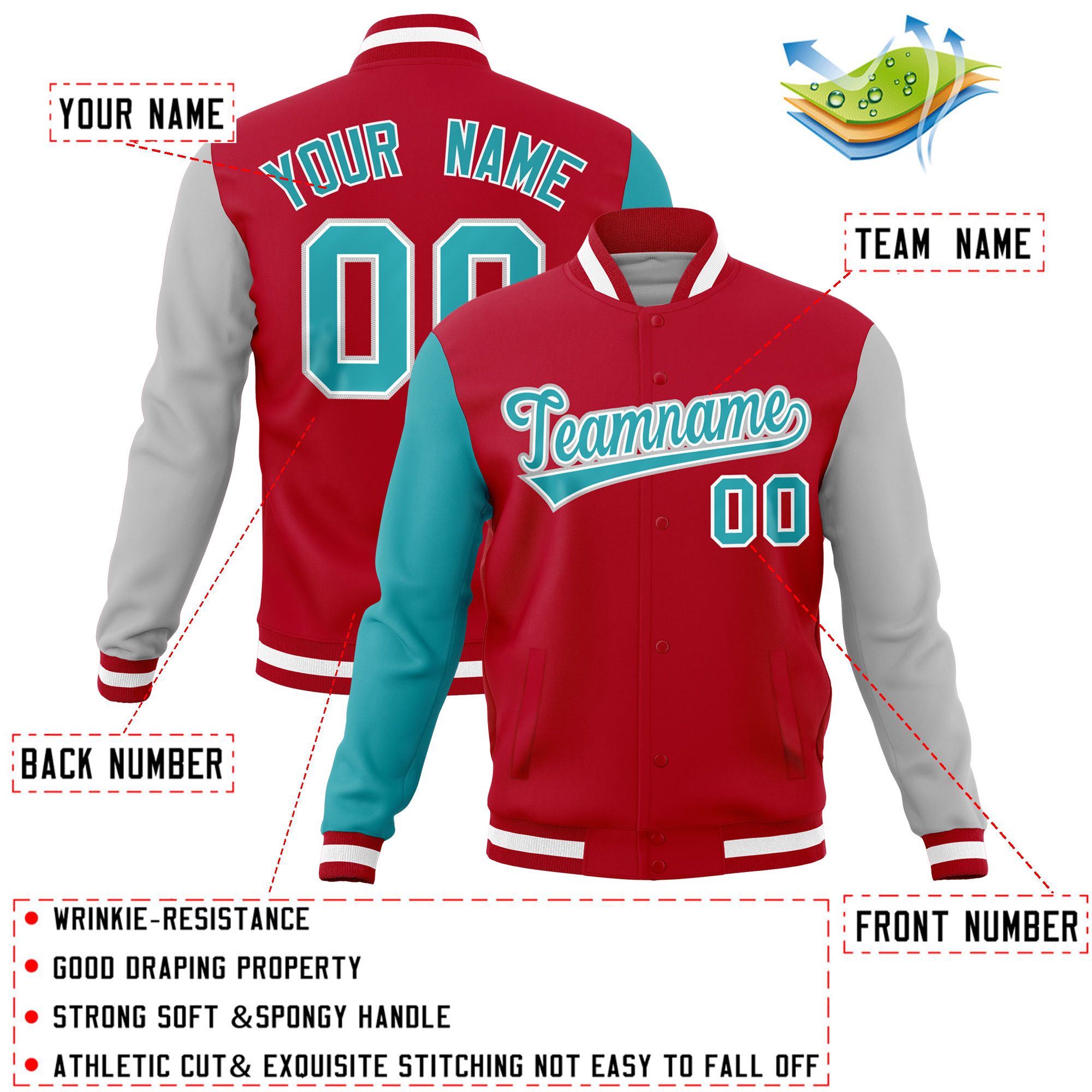 Custom Red Gray-Aqua Raglan Sleeves Varsity Full-Snap Letterman Jacket