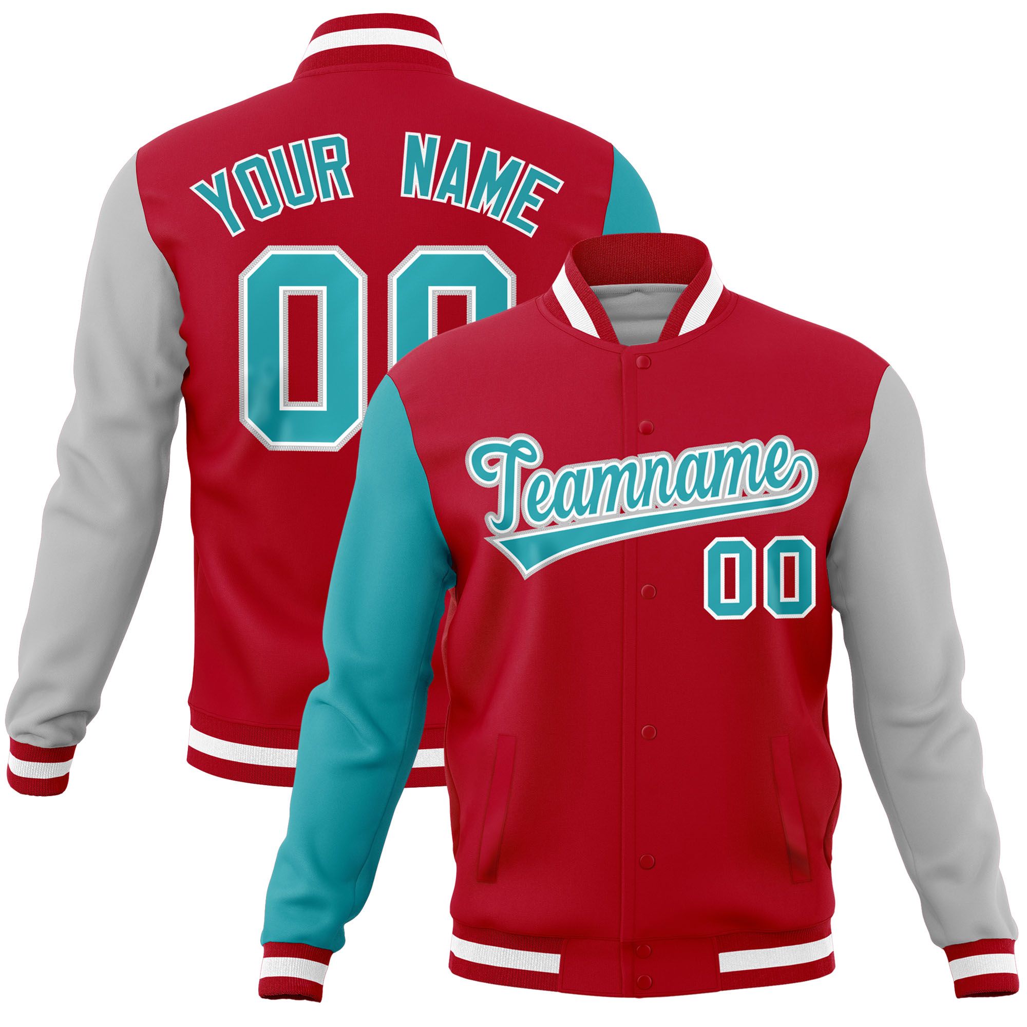 Custom Red Gray-Aqua Raglan Sleeves Varsity Full-Snap Letterman Jacket