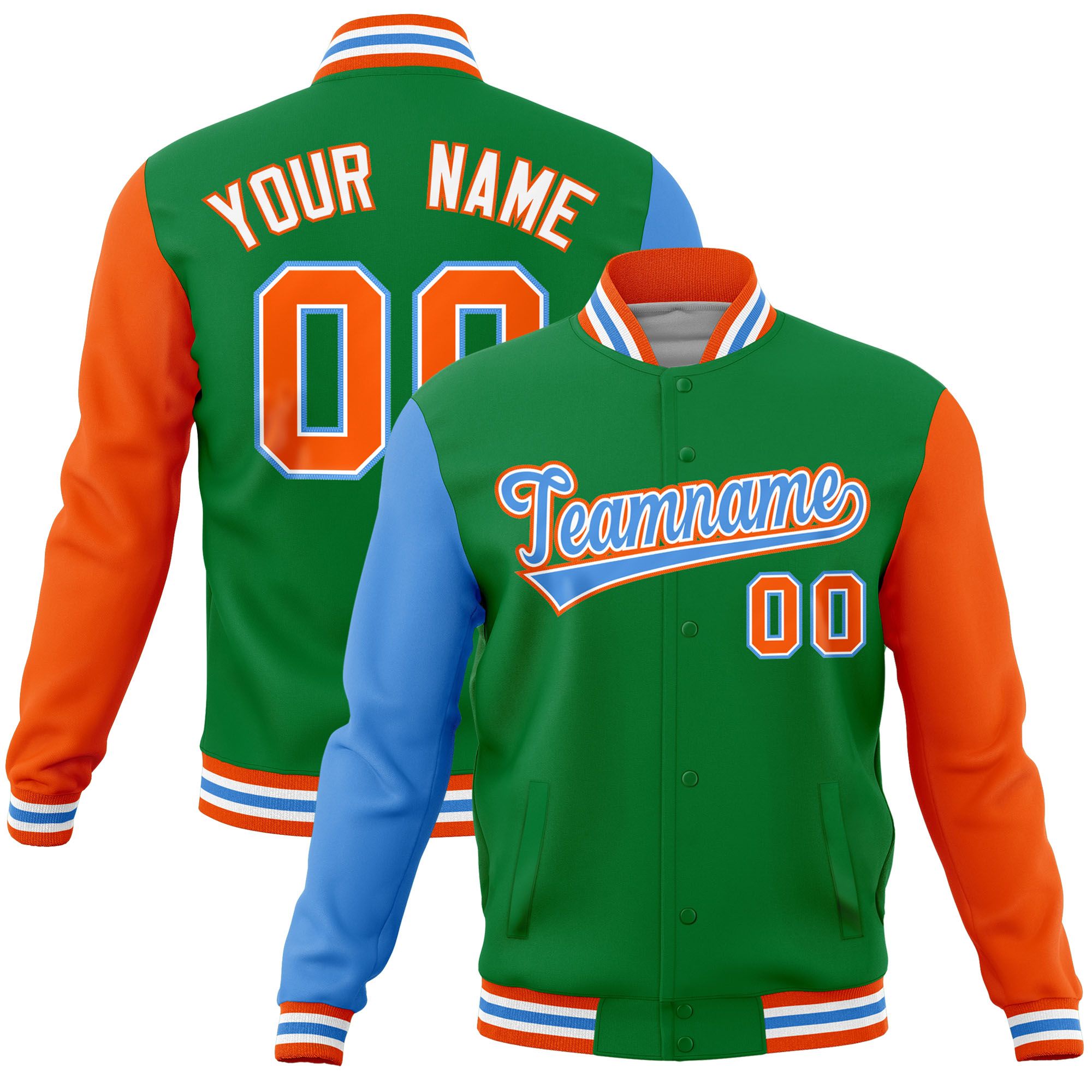 Custom Kelly Green Orange-Powder Blue Raglan Sleeves Varsity Full-Snap Letterman Jacket