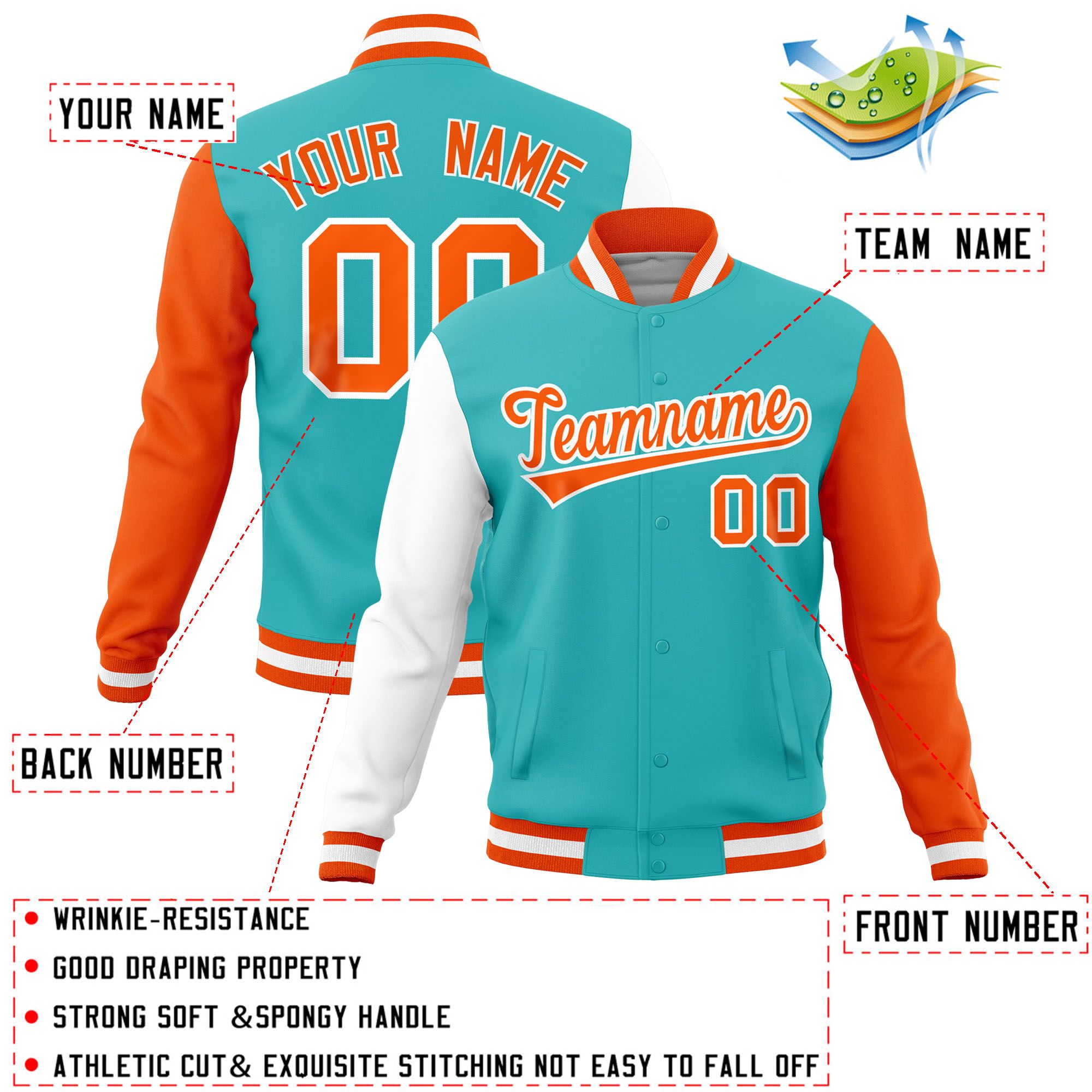 Custom Bright Green Orange-White Raglan Sleeves Varsity Full-Snap Letterman Jacket