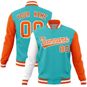 Custom Bright Green Orange-White Raglan Sleeves Varsity Full-Snap Letterman Jacket