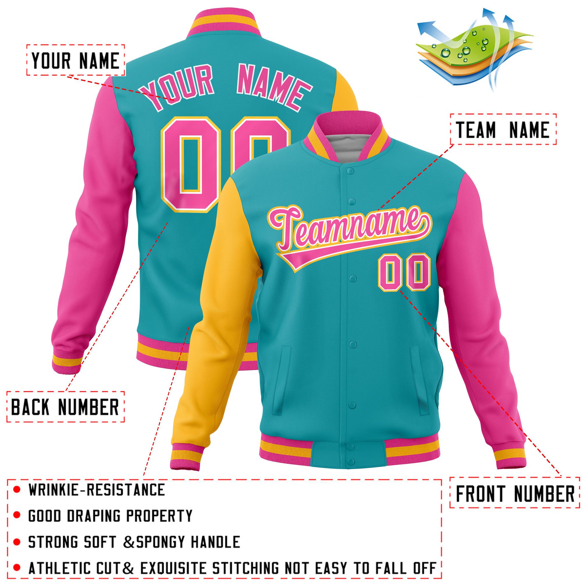 Custom Aqua Pink-Gold Raglan Sleeves Varsity Full-Snap Letterman Jacket