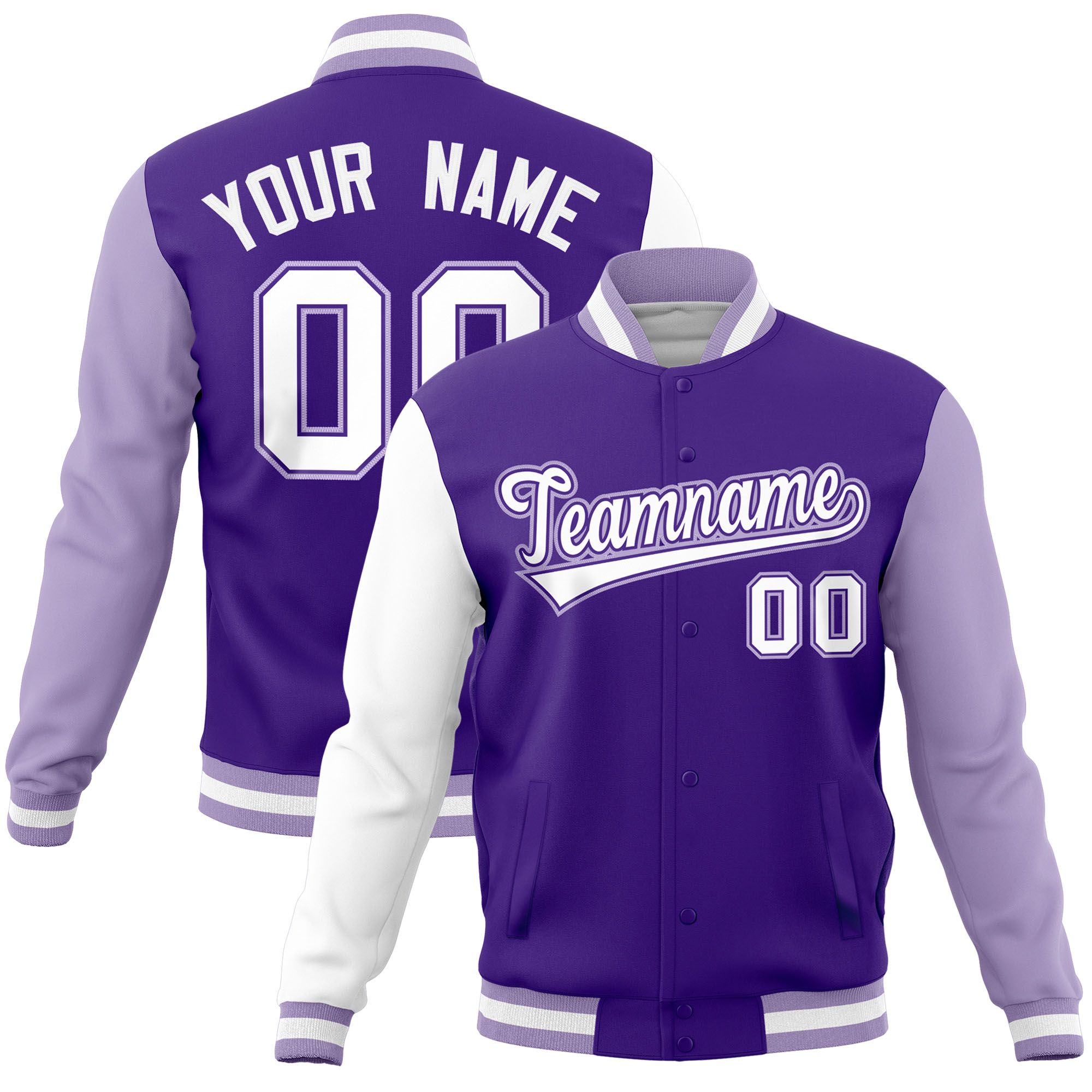 Custom Purple Light Purple-White Raglan Sleeves Varsity Full-Snap Letterman Jacket