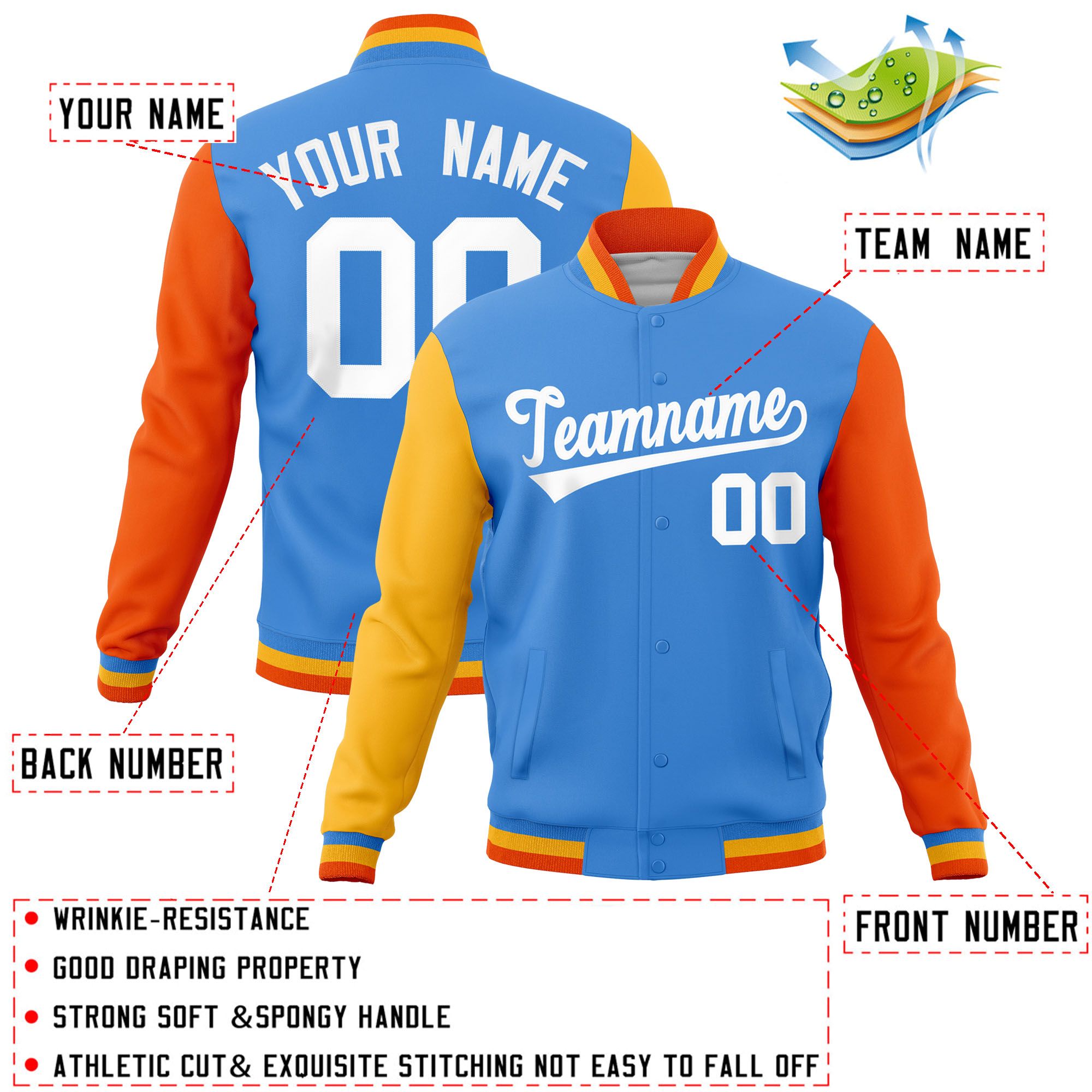 Custom Powder Blue Orange-Gold Raglan Sleeves Varsity Full-Snap Letterman Jacket