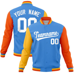 Custom Powder Blue Orange-Gold Raglan Sleeves Varsity Full-Snap Letterman Jacket