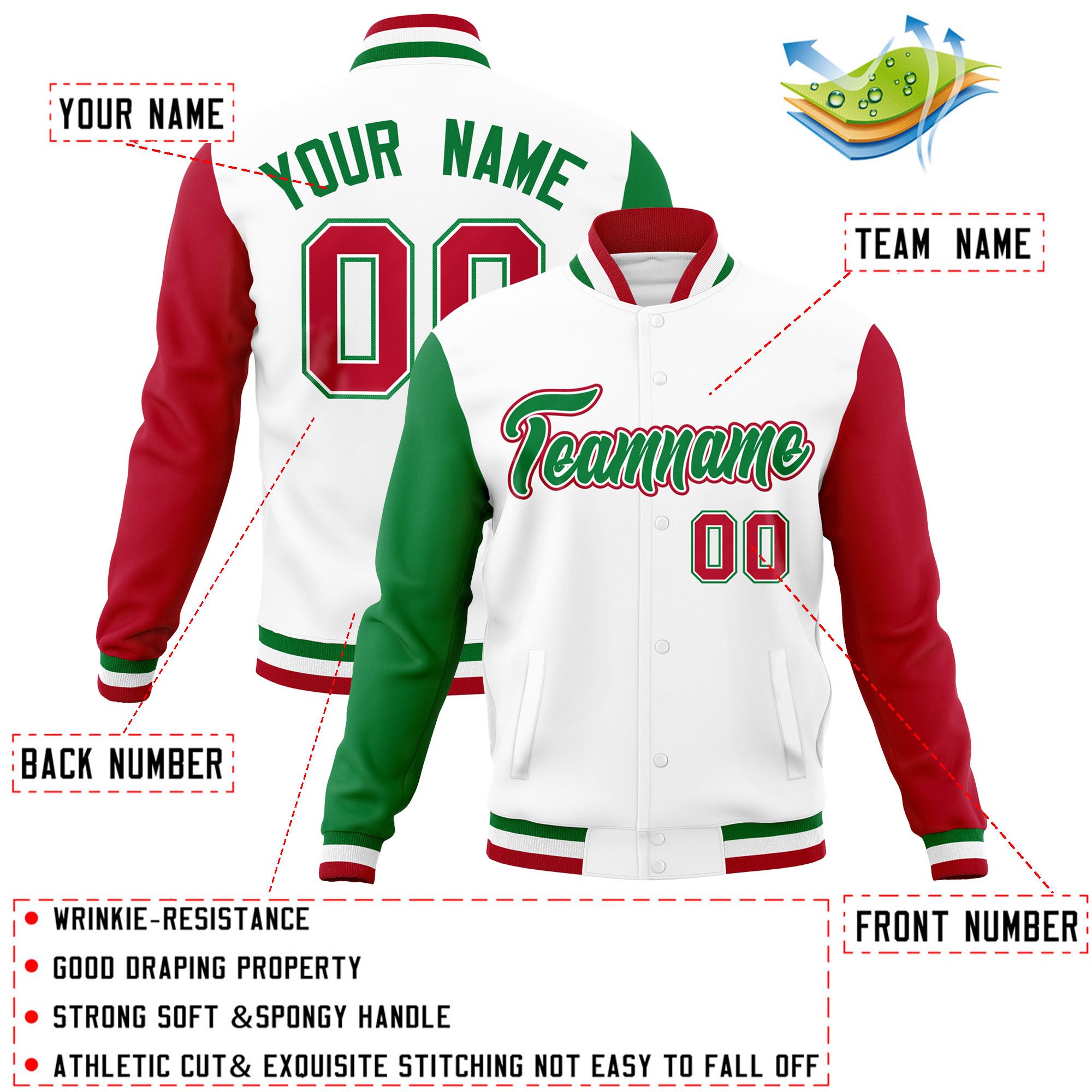 Custom White Red-Kelly Green Raglan Sleeves Varsity Full-Snap Letterman Jacket