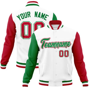 Custom White Red-Kelly Green Raglan Sleeves Varsity Full-Snap Letterman Jacket