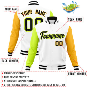 Custom White Gold-Neon Green Raglan Sleeves Varsity Full-Snap Letterman Jacket