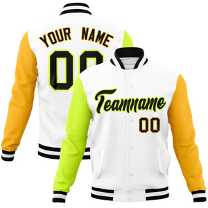 Custom White Gold-Neon Green Raglan Sleeves Varsity Full-Snap Letterman Jacket