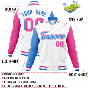 Custom White Pink-Powder Blue Raglan Sleeves Varsity Full-Snap Letterman Jacket