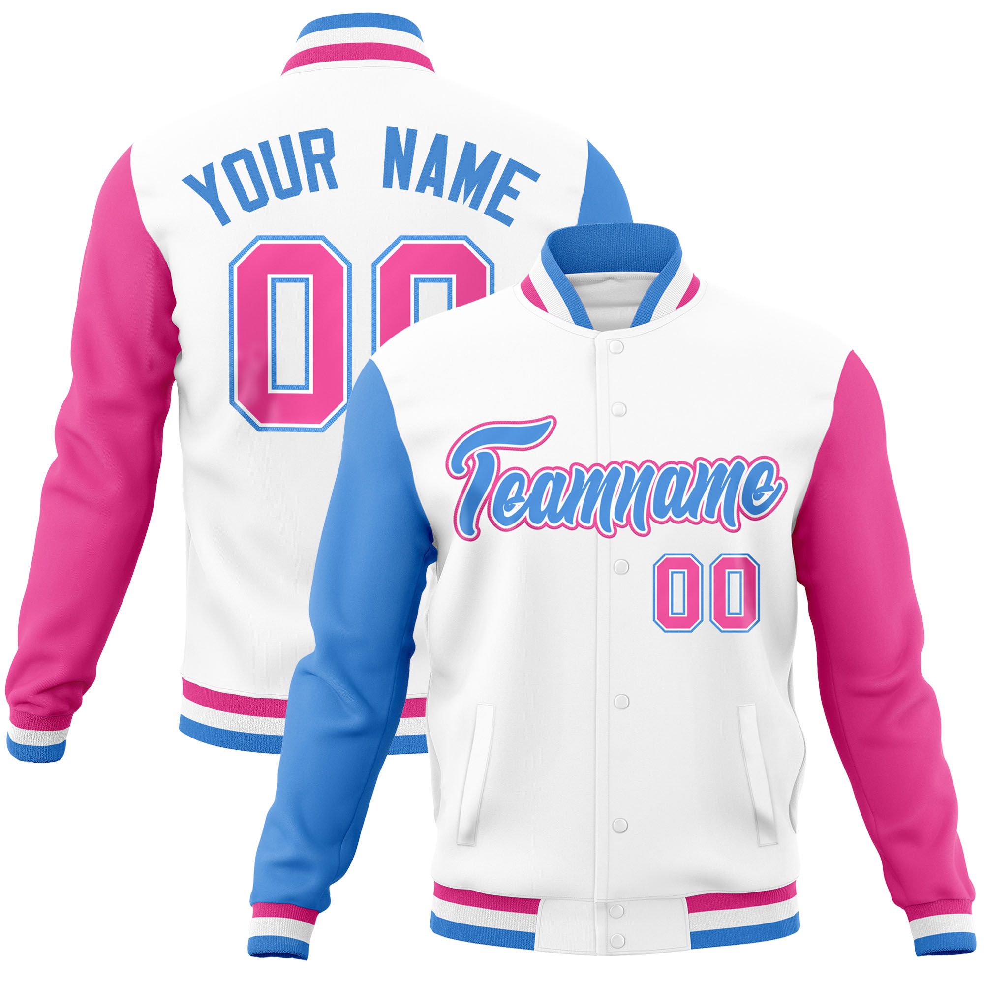 Custom White Pink-Powder Blue Raglan Sleeves Varsity Full-Snap Letterman Jacket