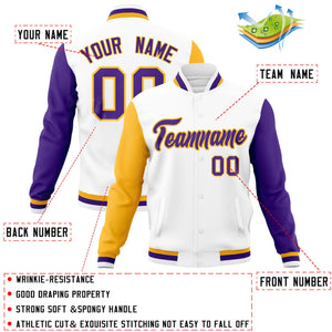 Custom White Purple-Gold Raglan Sleeves Varsity Full-Snap Letterman Jacket