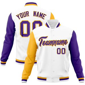 Custom White Purple-Gold Raglan Sleeves Varsity Full-Snap Letterman Jacket