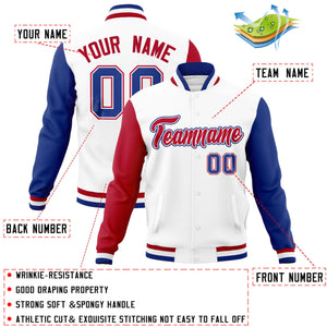 Custom White Royal-Red Raglan Sleeves Varsity Full-Snap Letterman Jacket