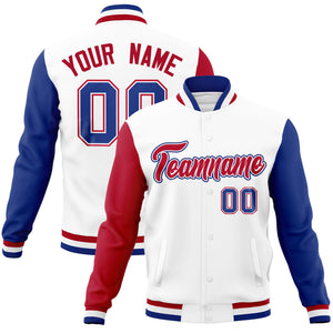 Custom White Royal-Red Raglan Sleeves Varsity Full-Snap Letterman Jacket