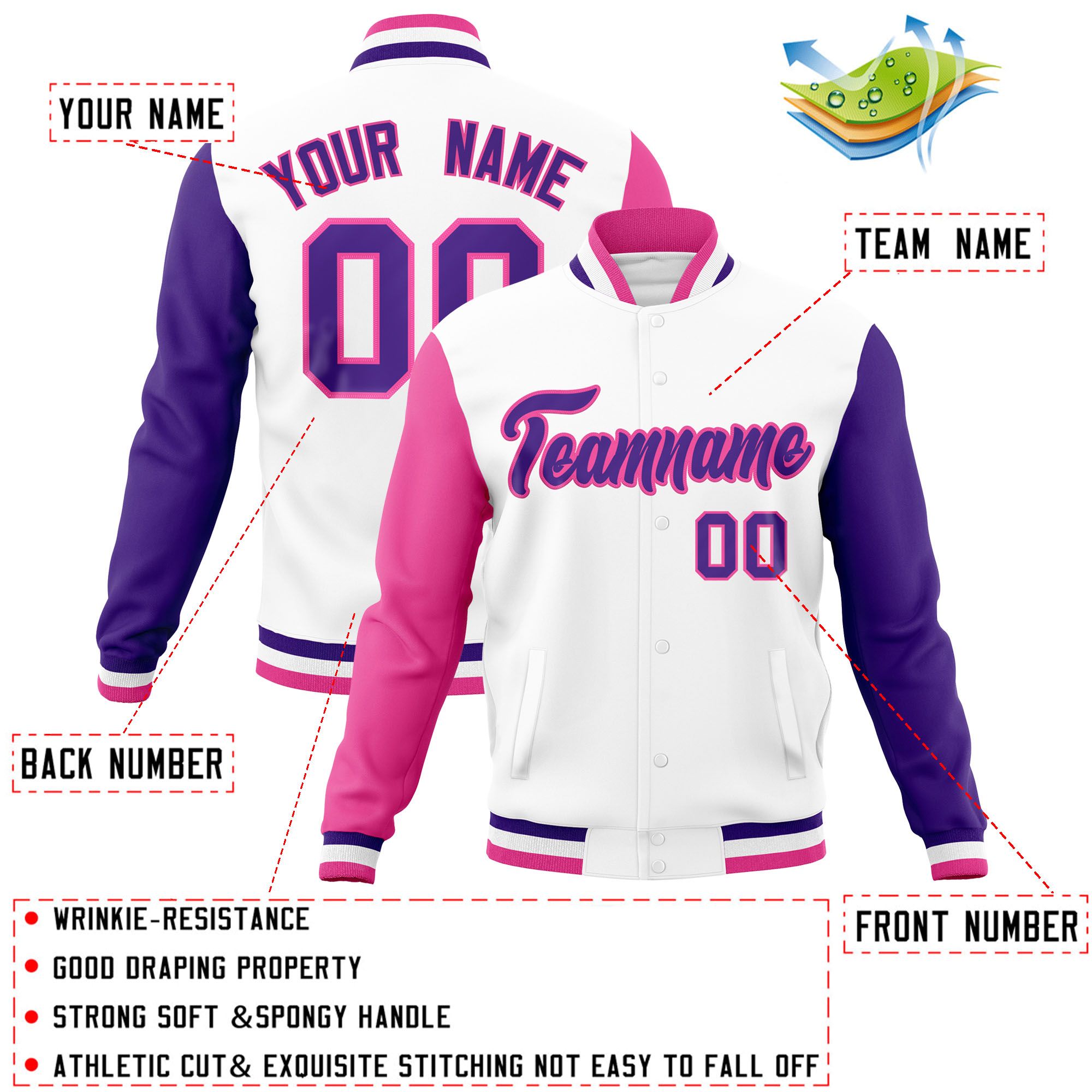 Custom White Purple-Pink Raglan Sleeves Varsity Full-Snap Letterman Jacket