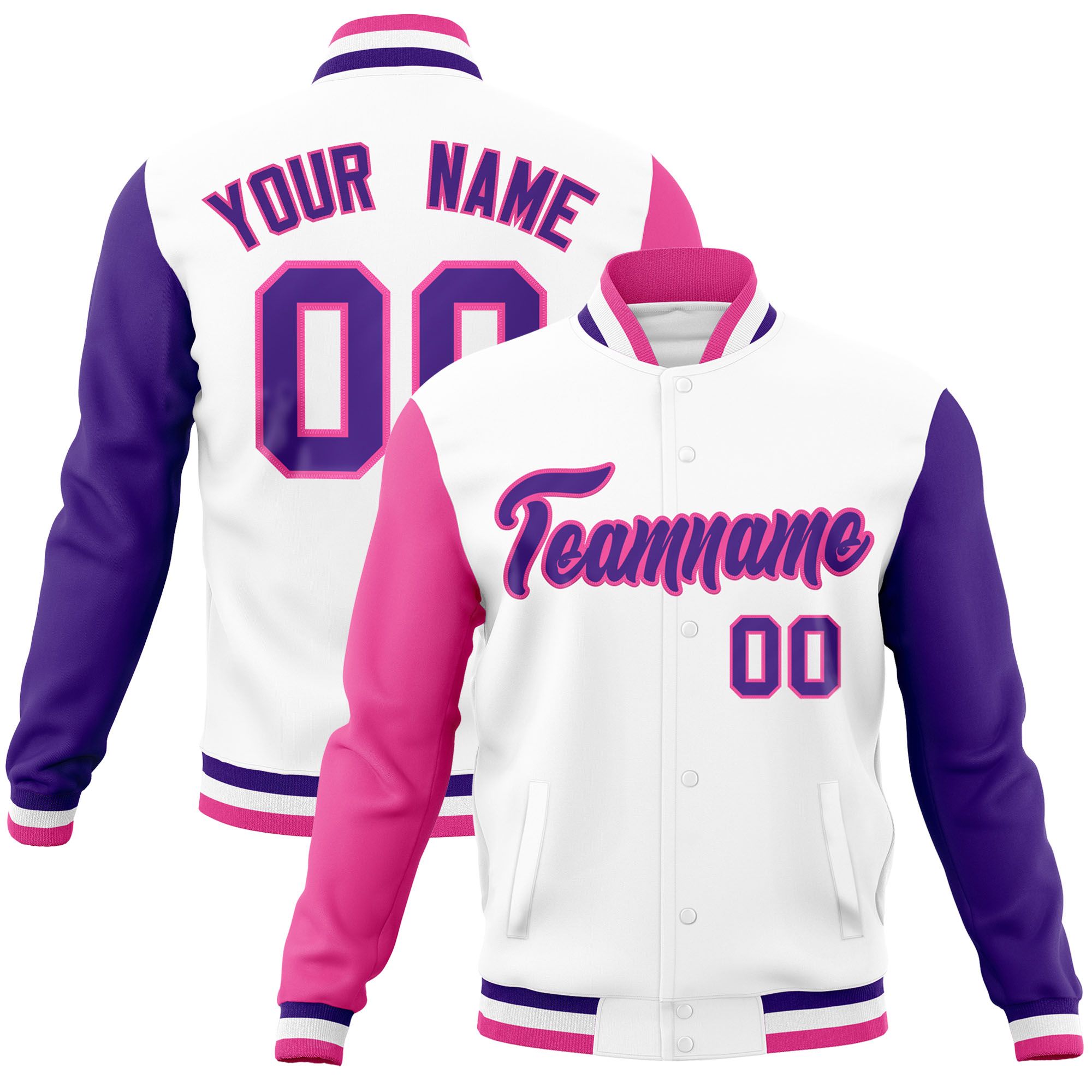 Custom White Purple-Pink Raglan Sleeves Varsity Full-Snap Letterman Jacket