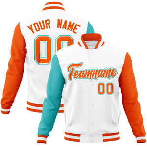 Custom White Orange-Bright Green Raglan Sleeves Varsity Full-Snap Letterman Jacket