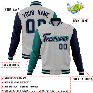 Custom Gray Navy-Aqua Raglan Sleeves Varsity Full-Snap Letterman Jacket