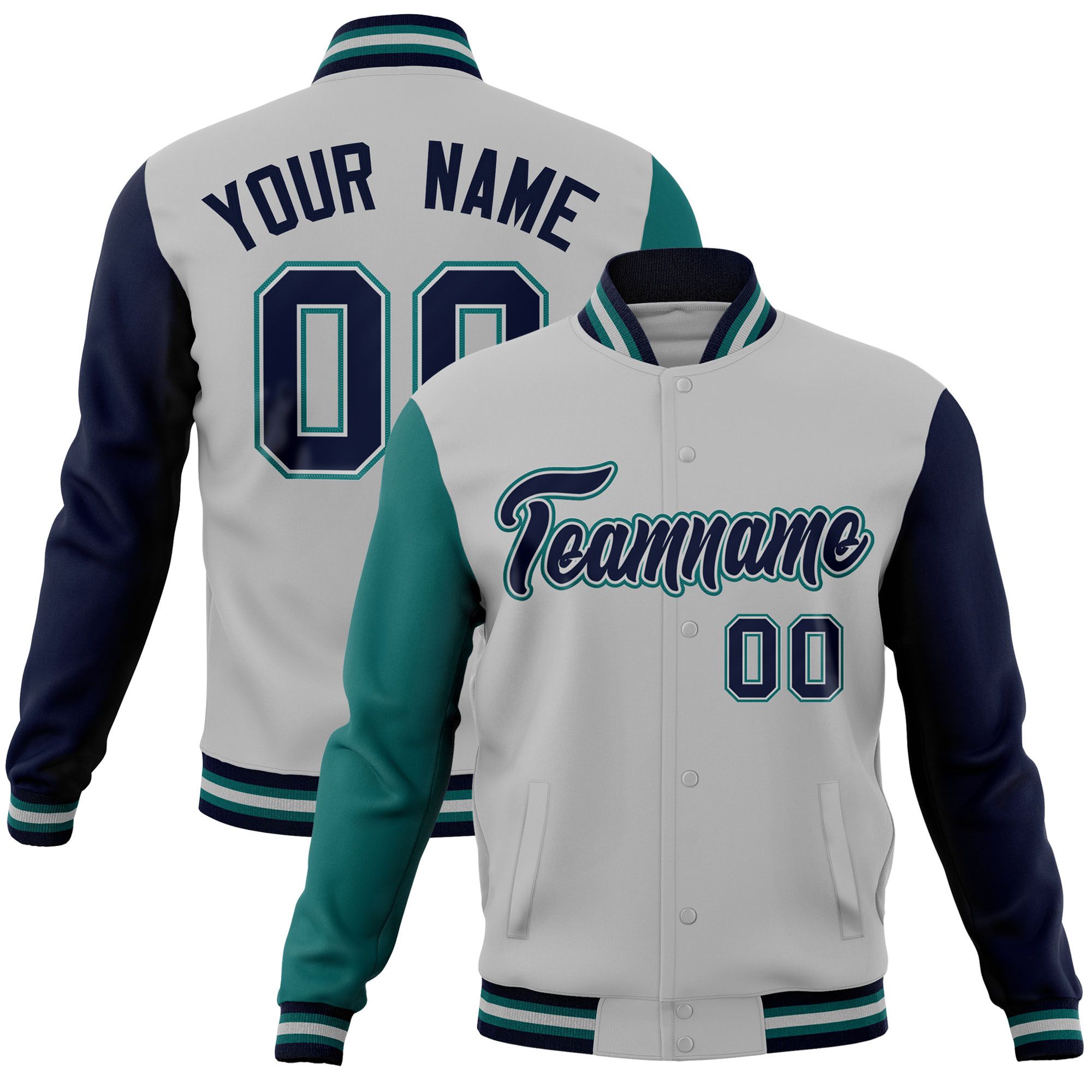 Custom Gray Navy-Aqua Raglan Sleeves Varsity Full-Snap Letterman Jacket